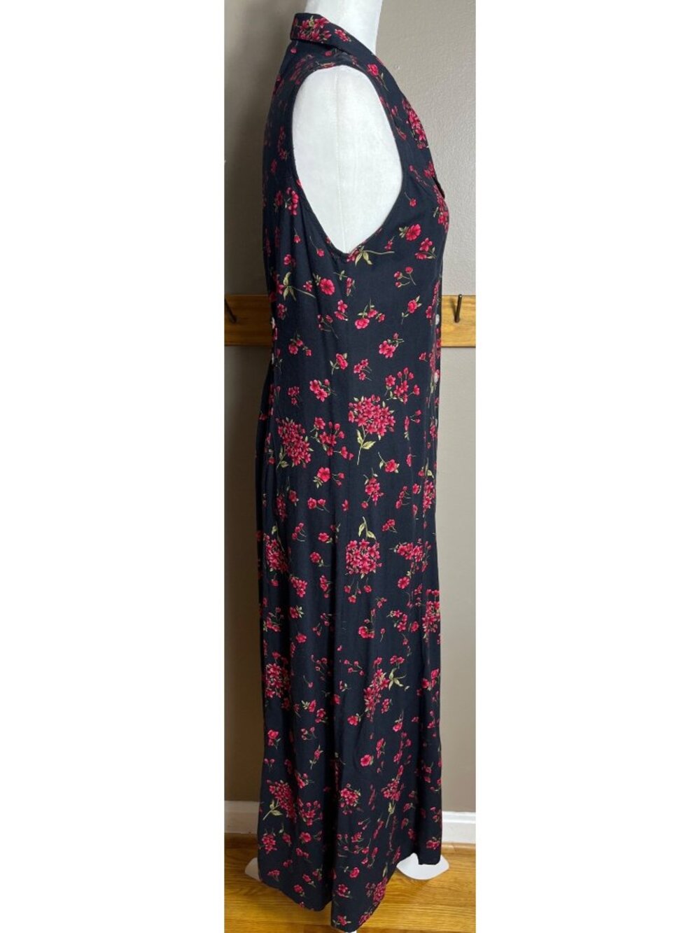 Vtg 90s Floral Midi Dress Black Red A-line Button Grunge Whimsigoth Jumper Wom M - Picture 9 of 9